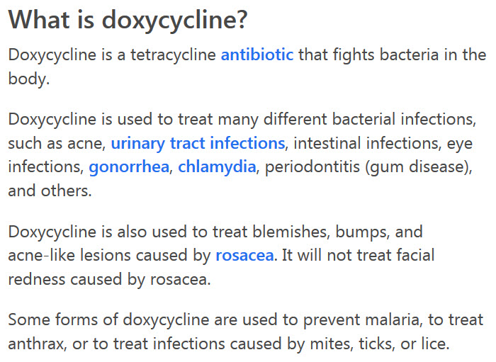 Doxycycline - from what these pills help? The medicine is intended for a wide range of diseases. It has bacteriostatic and antibacterial action. Doxycycline - instructions for use suggest use with angina, bronchitis, urethritis.